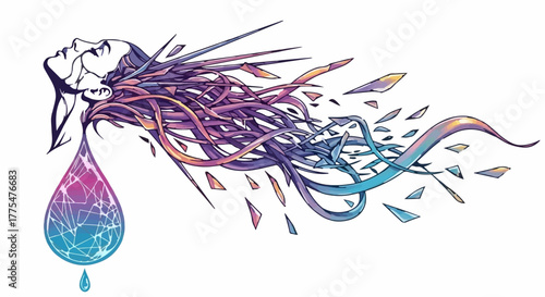 Abstract depiction of a woman's head dissolving into colorful shards and flowing strands