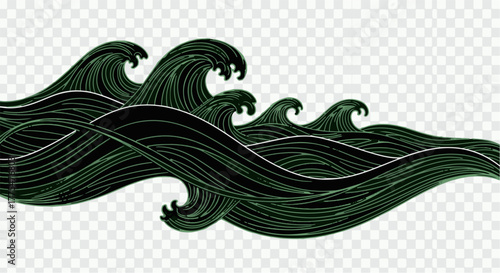 Stylized dark green waves flowing in a rhythmic pattern against a clean white background