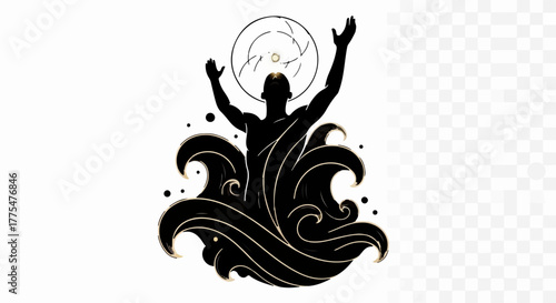 Mysterious figure emerges from dark waves, reaching towards a celestial light