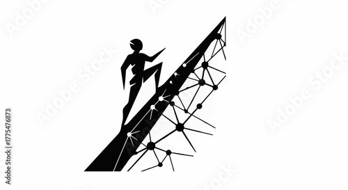 Silhouette of a person climbing a steep, abstract path towards a network of connections.