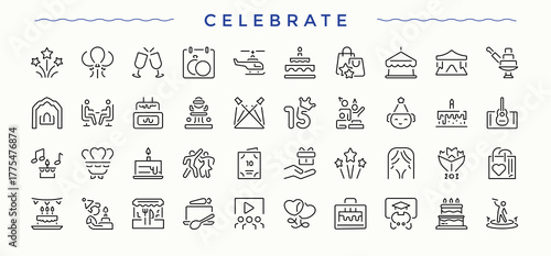 Celebrate line icon set. Celebration icon set. Isolated icons. Includes symbols for entertainment, party, celebrate, fun, decoration, event and more. Vector collections.