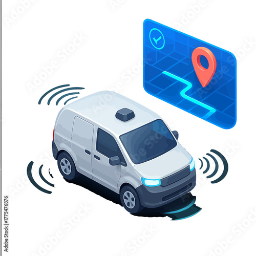 Isometric illustration of a white delivery van with GPS tracking and navigation system showing a route on a digital map.