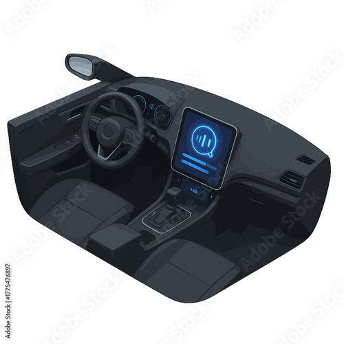 Modern car interior with dashboard, steering wheel, seats, and a central display showing a voice assistant interface.