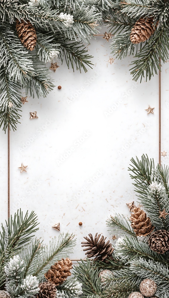 custom made wallpaper toronto digitalFestive Snowy Pinecone Frame with Frosted Evergreen Branches and Subtle Gold Stars - Ideal for Winter Holiday Greetings