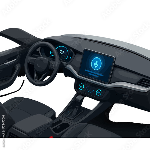 Modern car interior with digital dashboard, steering wheel, and center console featuring a voice assistant display and advanced technology.