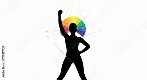Empowered silhouette with raised fist against vibrant rainbow spectrum, symbolizing strength and creativity.