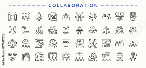 Collaboration icon set. Web icons pack. Featuring schedule, step, project, implementation, achieve, act. Editable vector art. Goal vector line icon set.