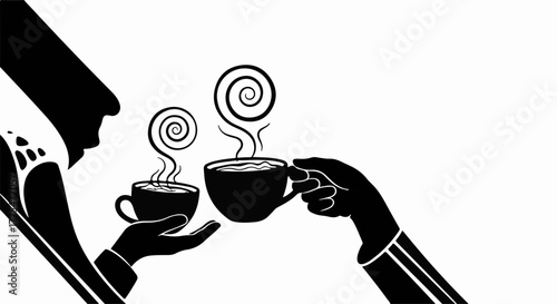 Two hands reaching to share steaming cups of coffee in a warm, inviting moment.
