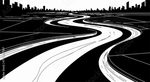 Winding river flowing through a stylized, graphic cityscape at dusk.