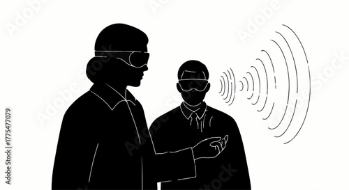 Two people wearing VR headsets interacting with digital data streams