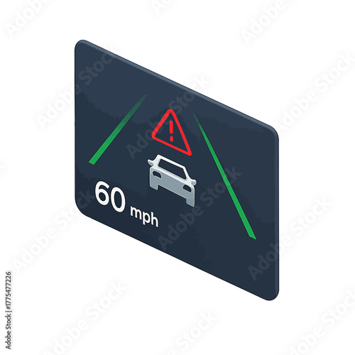 Isometric illustration of a car's digital display showing a collision warning system with lane assist and speed indicator at 60 mph.