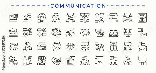 Communication icon set. Contains outline symbols like assist, contact, mail, call, address and more. Conversation icon pack. Signs for web and mobile app.