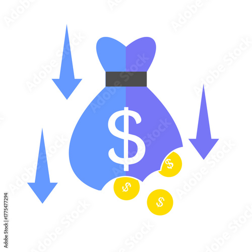 Illustration of a money bag with coins falling out and downward arrows, symbolizing financial loss or decreasing value.