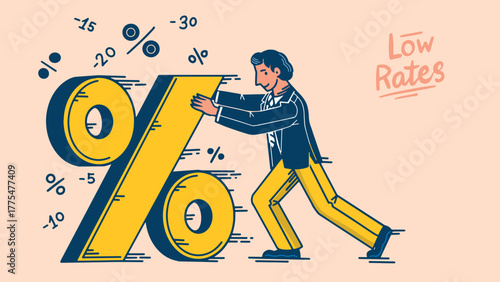 A businessman in suit pushing a percent sign for your needs. Concept for online bank or your finance company. Special offer, sale, gift