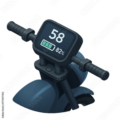 Close-up illustration of an electric scooter's handlebars and digital dashboard displaying speed and battery level.