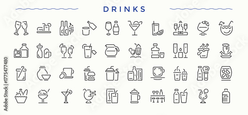 Drinks icon pack. Collection of simple line web icons. Contain linear symbols beverage, cocktail, soft drink, soda, beer, tea. Art and illustration. Drinks icon set in linear style.