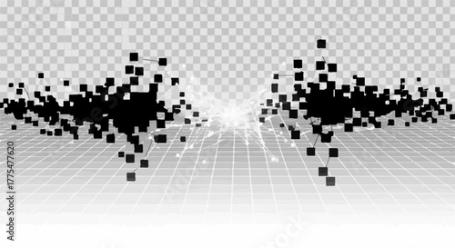 Abstract digital explosion of black squares against a bright futuristic grid background