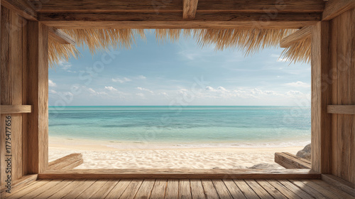 Wallpaper Mural View from a Hut, A minimalist panoramic landscape, view from inside a rustic beach hut with a wooden window frame, looking out at the serene tropical beach and sea. copy space. Torontodigital.ca