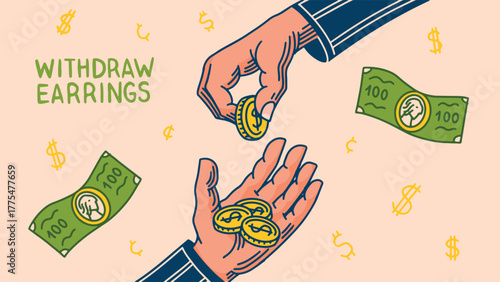 Cash withdraw business, atm concept for your business. Two hands sharing money, dollars and cents. Online payment and getting paid ideas for finance company