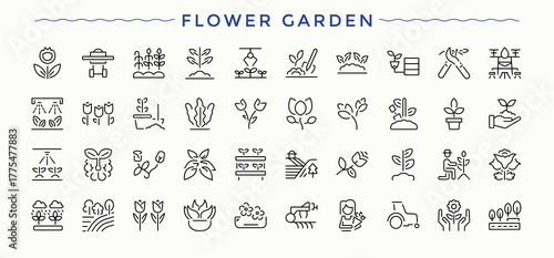 Flower Garden icon set. Vector outline icons collection. Blossom icon set. Contains related to garden, flora, nature, bloom and more.