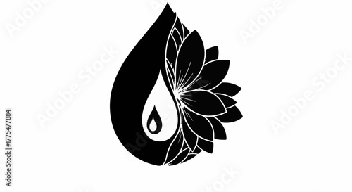 Elegant black silhouette of a water drop merging with a blooming lotus flower, symbolizing purity and growth.
