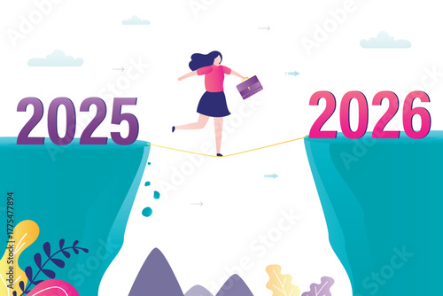 Female employee or businesswoman walking at rope from cliff to other side. concept of change from 2025 to 2026. moving forward, goals, hopes, overcoming obstacles