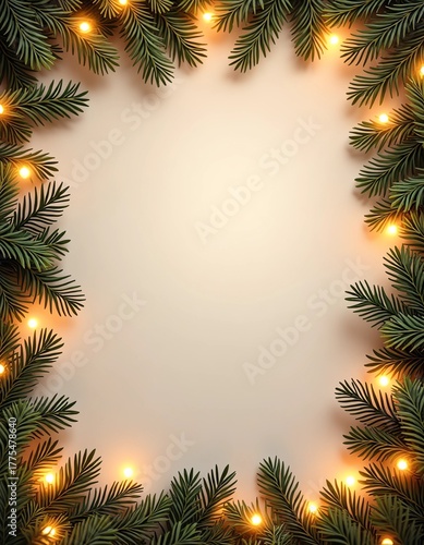 Wallpaper Mural Christmas frame with pine branches and glowing lights on beige background
 Torontodigital.ca