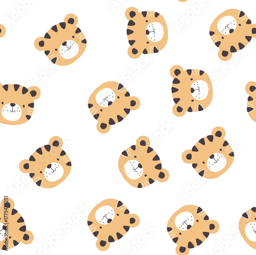 seamless pattern with baby cub tiger, hand drawn head face of tiger background on cream