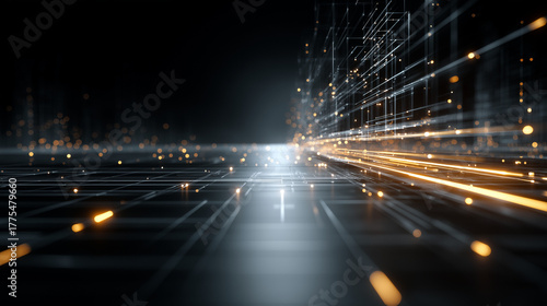 Digital Highway: An abstract digital landscape with streaks of light, representing the fast-paced, interconnected world of technology and data flow.