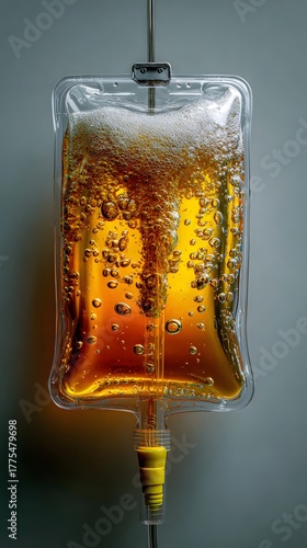 Transparent IV bag filled with foamy beer in surreal medical-style setup — perfect for concept ads, editorial visuals