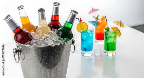 Refreshing Alcoholic Beverages: Cocktails and Beers in Ice Bucket, Summer Drinks