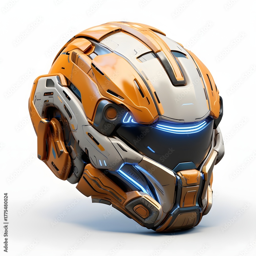 Fototapeta premium Futuristic orange and silver sci-fi helmet with blue glowing visor on clean background — perfect for game design, tech posters
