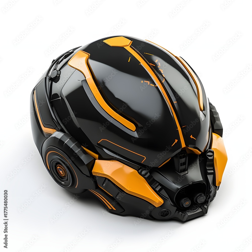 Fototapeta premium Glossy black and orange sci-fi helmet with tech details and compact form on white background — perfect for concept sheets, game UI
