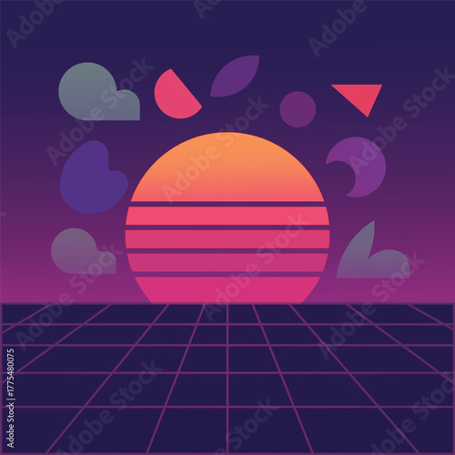 Retro synthwave sunset background with neon colors and geometric shapes