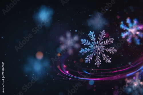 A futuristic Christmas interface with holographic snowflakes floating in the air, creating a neon glow.