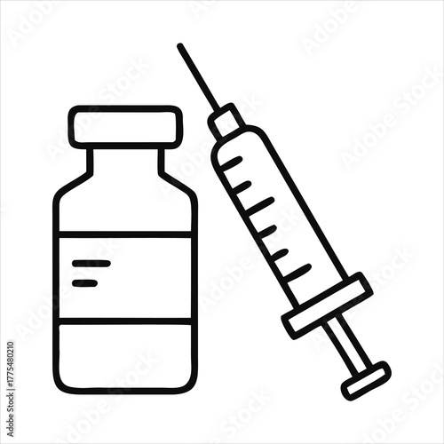 Simple line art icon of a medical syringe and vial representing vaccination and healthcare treatment