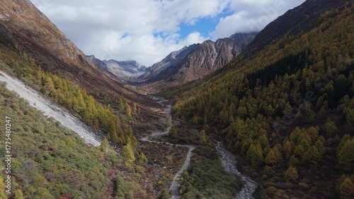 Aerial Drone Fly-Through of Alpine Valley with Autumn Colors and Snow Mountains Western Sichuan, China