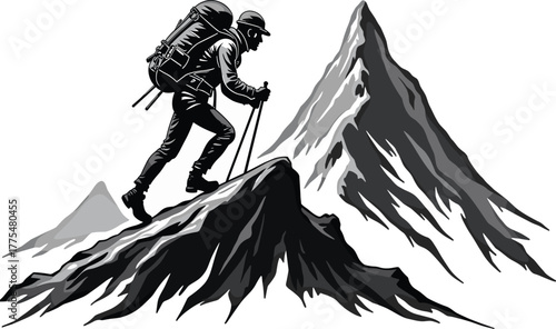 Brave hiker conquering majestic mountain peak