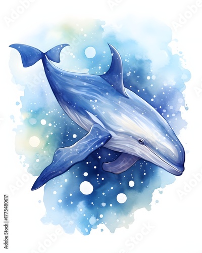 Blue whale swimming through starry watercolor galaxy, graceful and majestic sea creature — perfect for children’s books, fantasy posters