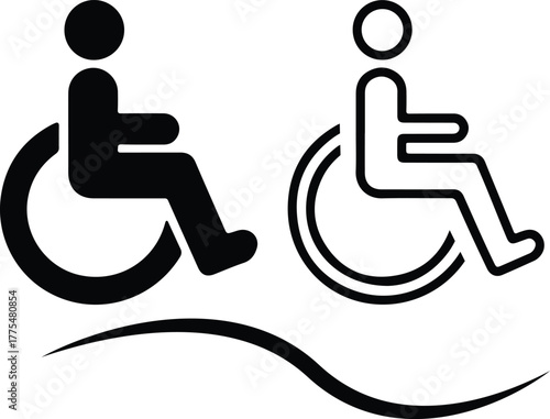 Two simplified icons of people in wheelchairs, one solid black and one outlined, representing accessibility and disabled access for mobility.
