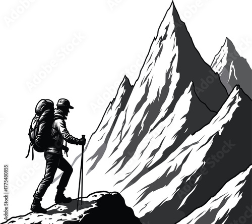 Hiker conquering mountain peak, adventure awaits