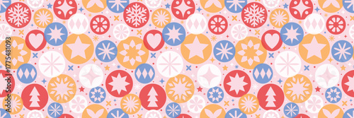Christmas background with colourful abstract decorations. Seamless pattern design. Vector illustration