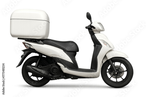 White delivery scooter with blank cargo box, moped side view, isolated on transparent background