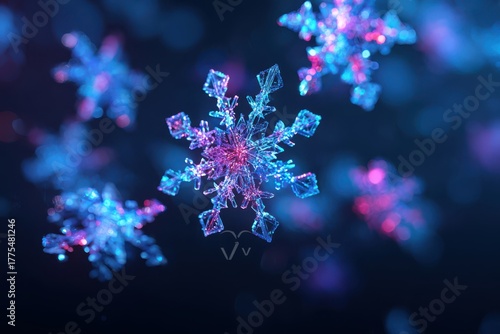 A futuristic Christmas interface featuring holographic snowflakes in neon colors. The design is vibrant and eye-catching, perfect for holiday-themed backgrounds or digital displays.