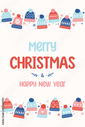 Colourful Christmas poster in cartoon style. Greeting card decorated with cute hand drawn winter hats. Vector illustration