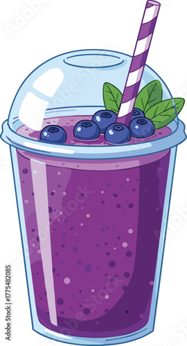 Blueberry smoothie in plastic cup, striped straw, dome lid, fresh berries, healthy drink, vibrant purple,