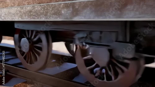 Nostalgic close up of vintage steam train wheel on railway. magical Christmas holiday journey through snowy winter mountains