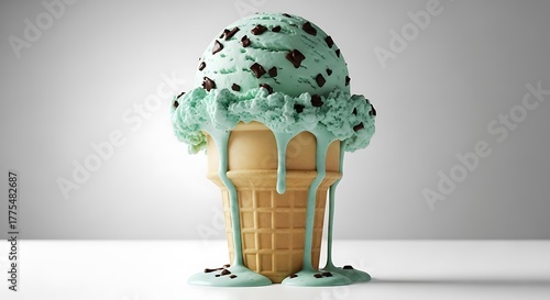Mint Chocolate Chip Ice Cream Cone Drips on Clean Background
