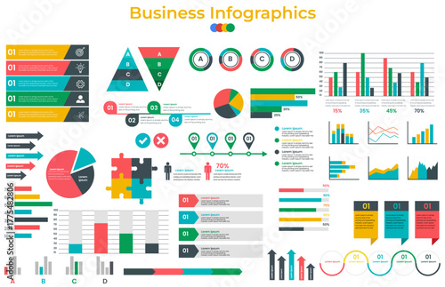 Business infographics set with different diagram vector illustration. Abstract data visualization, marketing charts and graphs. Business statistics, planning and analytics, forecasting growth rates Se
