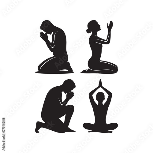 Black Color Praying Hands Silhouette Vector Illustration, Solid White Background.